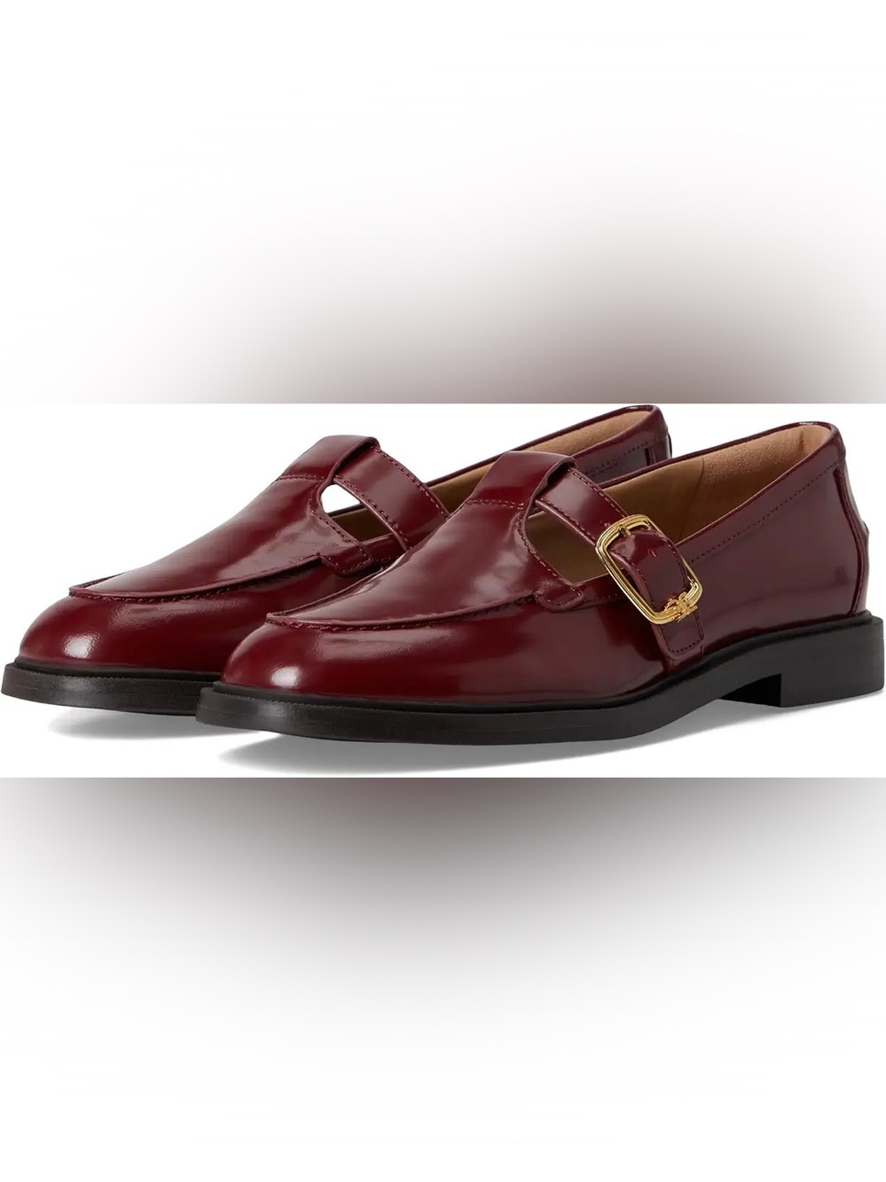 Sam Edelman Elaina Burgundy Patent Leather T-Bar Loafers with Gold Buckles - Picture 2 of 4
